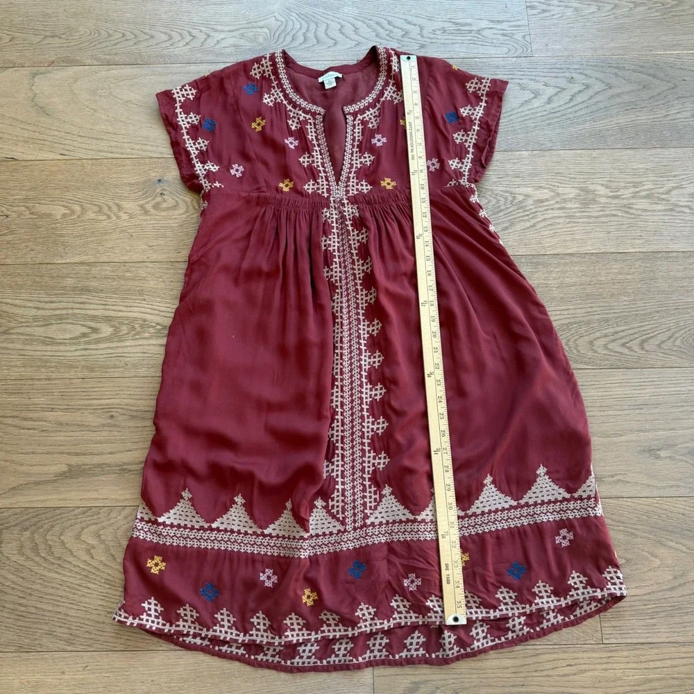 Sundance Embroidered Boho Tunic Dress Rust Red XS Short Sleeve Modal Lined